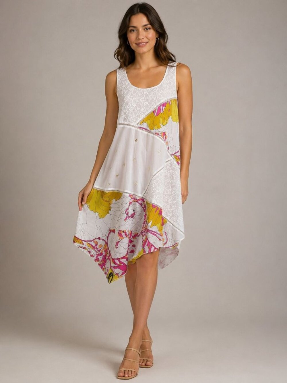 Anthropologie Leifnotes Guarri Patchwork Dress Size 12 High Low Hem White